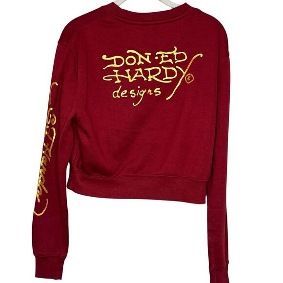 Ed Hardy Sweatshirt Womens Small Red True To My Love Cropped Graphic Pullover - Picture 4 of 8